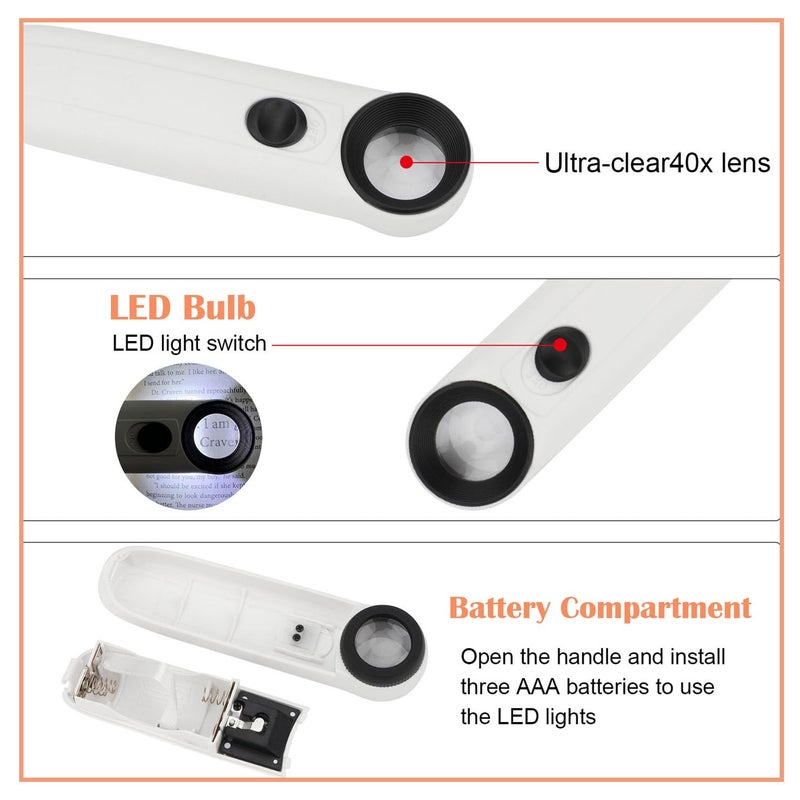 Rongon 40X Handheld Magnifier High Power Hand Held Illuminated Magnifying Glass Jeweler Eye Jewelry Loupe Leather Case for Reading Maps Jewelry Watch Repair Tool - Image 3